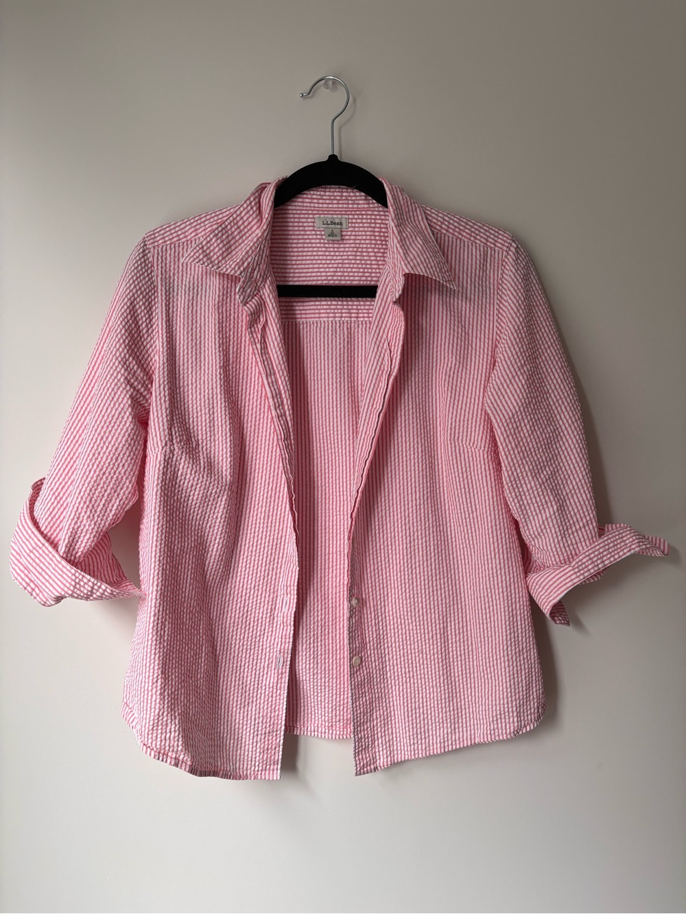 L.L. Bean Pink and White Striped Seersucker Shirt